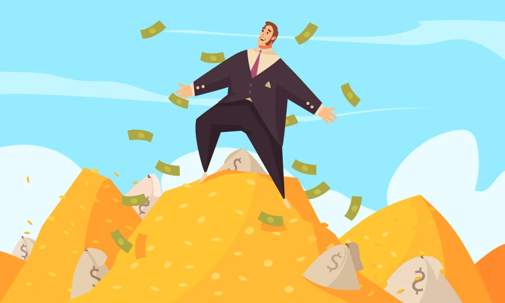 rich man flat cartoon poster with fat businessman amidst flying dollars gold mount top 1284 32207 1